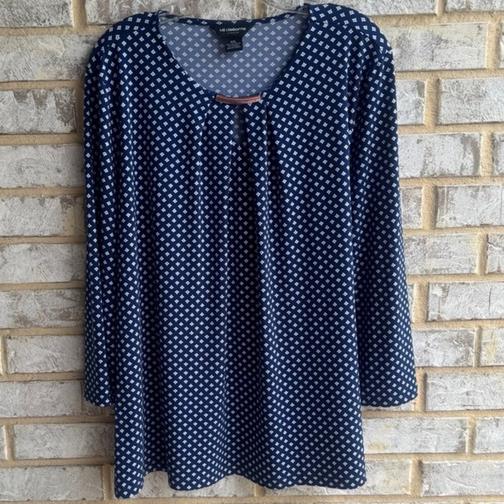 Liz Claiborne 3/4 Sleeve Drapery Neck Geo Stretch Career Blouse Women's Size XXL